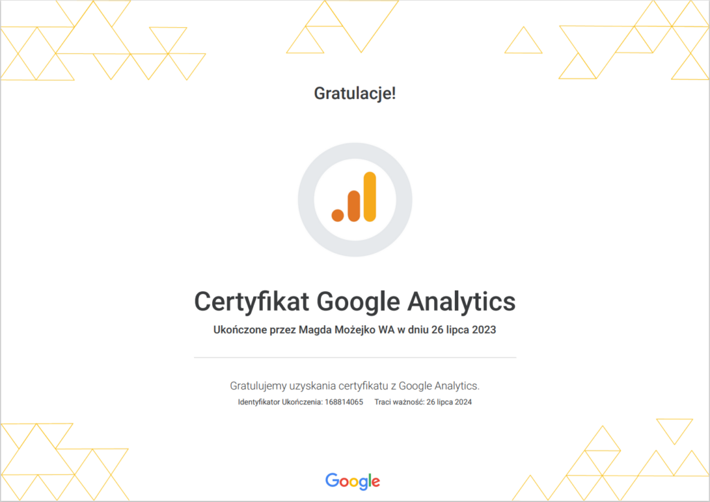 Magda Możejko certyfikat google analytics